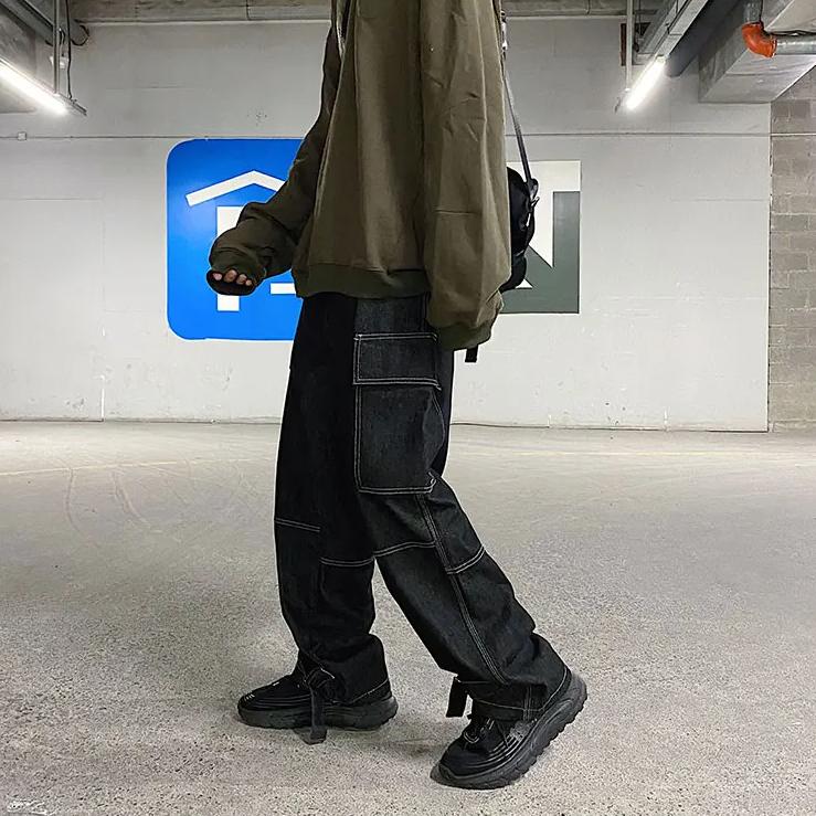 Schwarze Cargo-Jeans mit weitem Bein im Hip-Hop-Stil-Carho Hose - 7