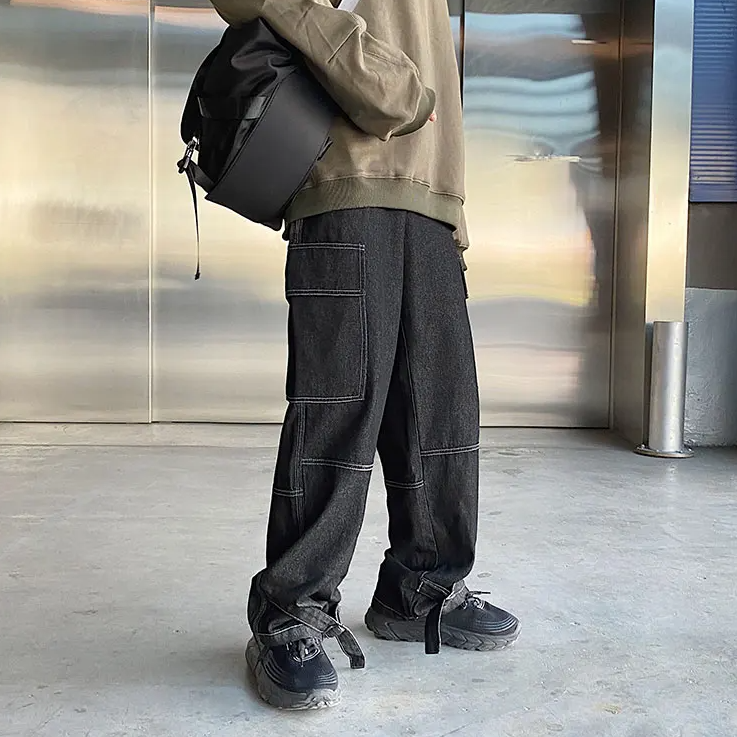 Schwarze Cargo-Jeans mit weitem Bein im Hip-Hop-Stil-Carho Hose -