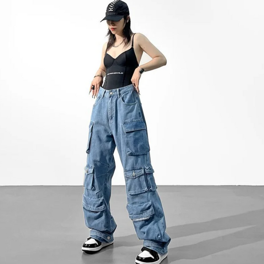 Moderne Blue Washed Cargo Jeans für Damen-Cargo Hose-2