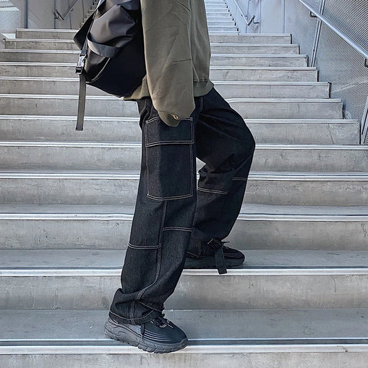 Schwarze Cargo-Jeans mit weitem Bein im Hip-Hop-Stil-Carho Hose - 2