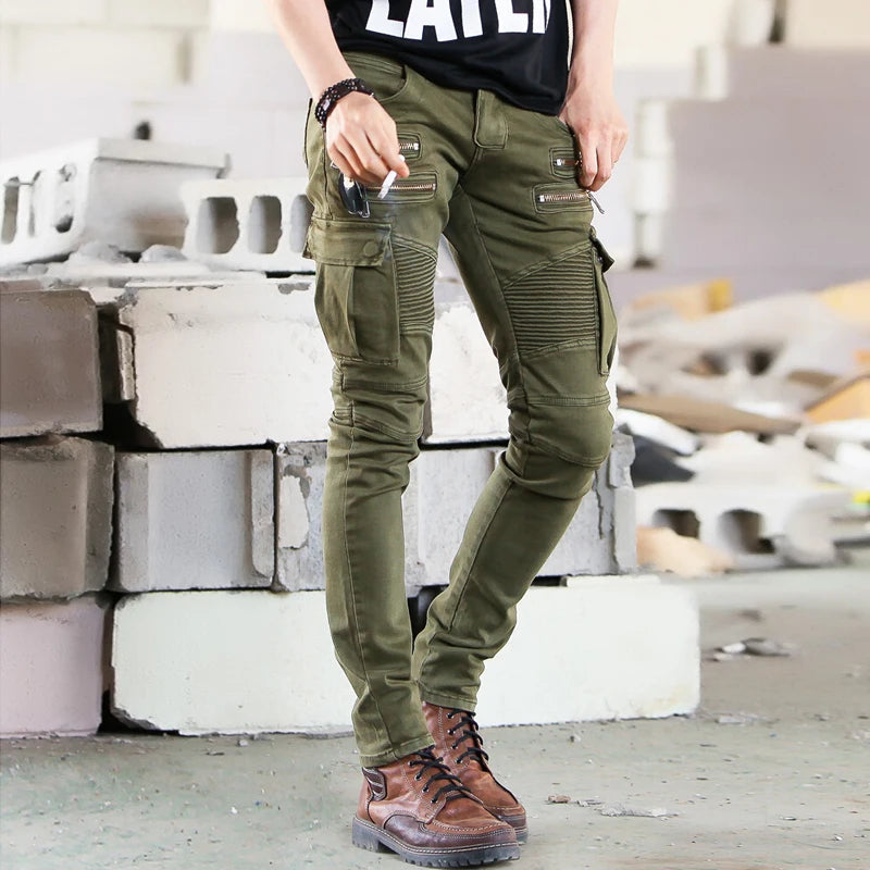 Grüne Skinny-Biker-Cargojeans für Herren-Cargo Hose - 3