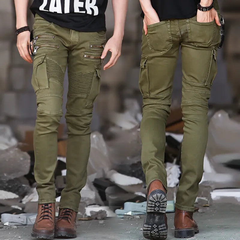 Grüne Skinny-Biker-Cargojeans für Herren-Cargo Hose -