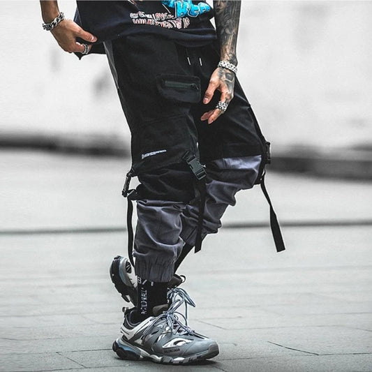 Grau/Schwarze Cargohose mit Gürtel für Herren-Cargo Hose-588