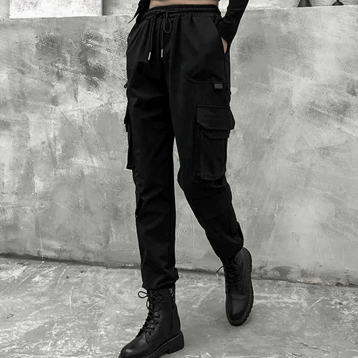 Schwarze Cargohose für Damen: Stylische High Waist mit elastischem Bund-Cago hose -